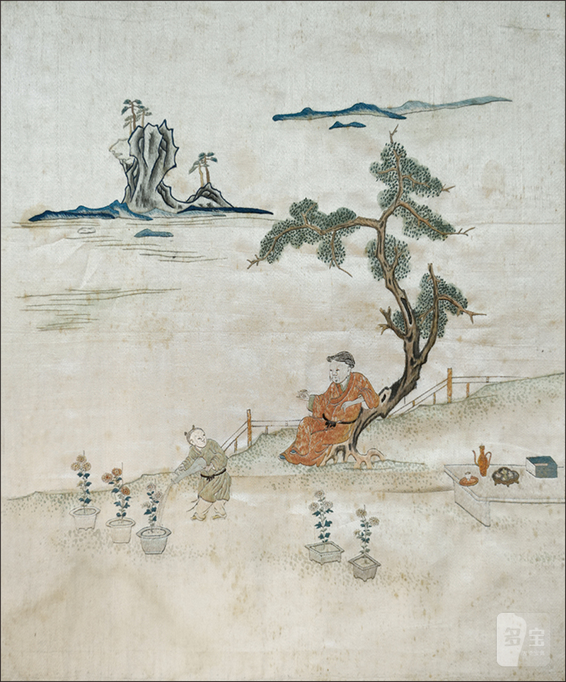 明顾绣松下赏菊饰片 - 图1